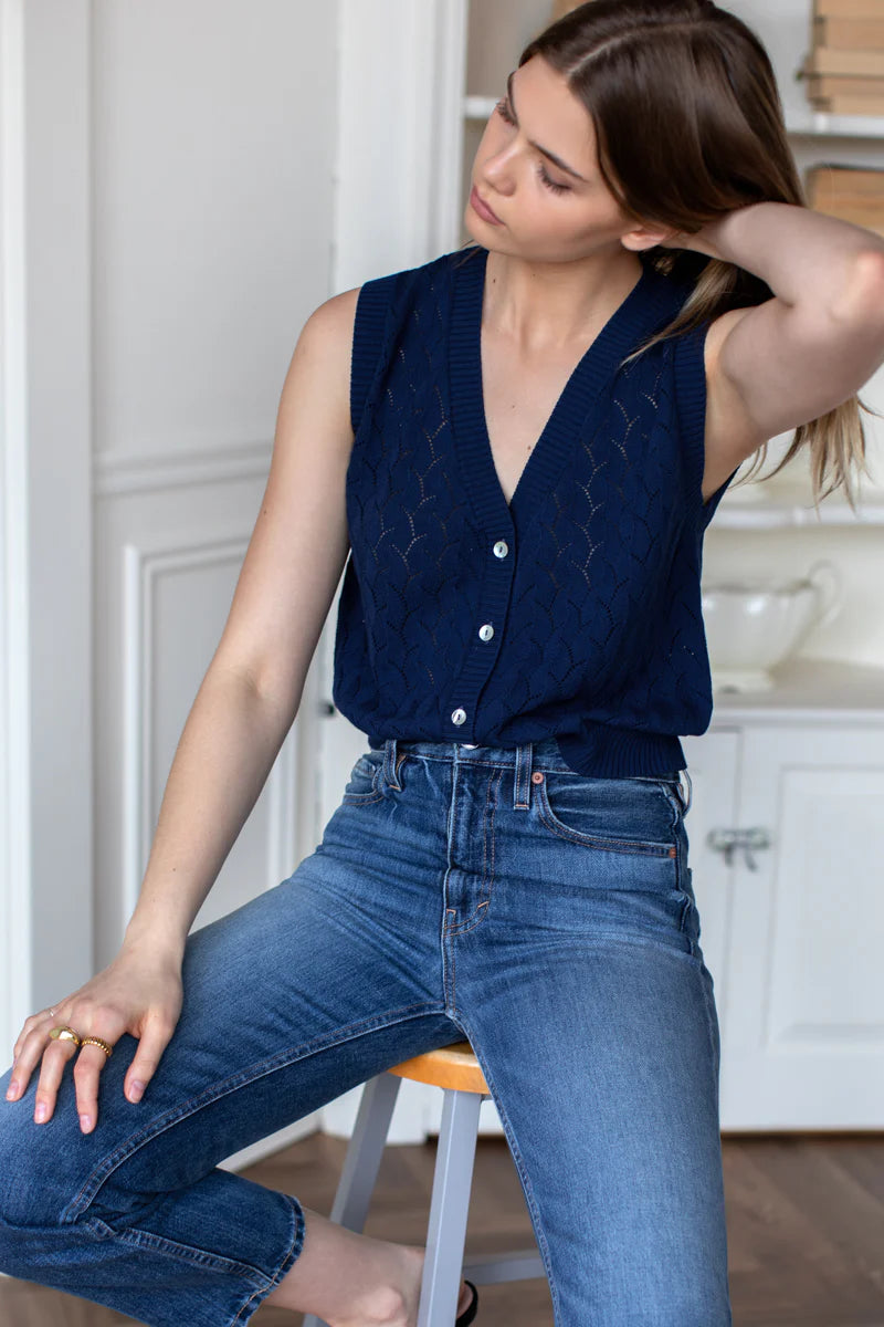 Emerson Fry Astrid Navy Knit Top in Navy Organic Cotton + Silk
