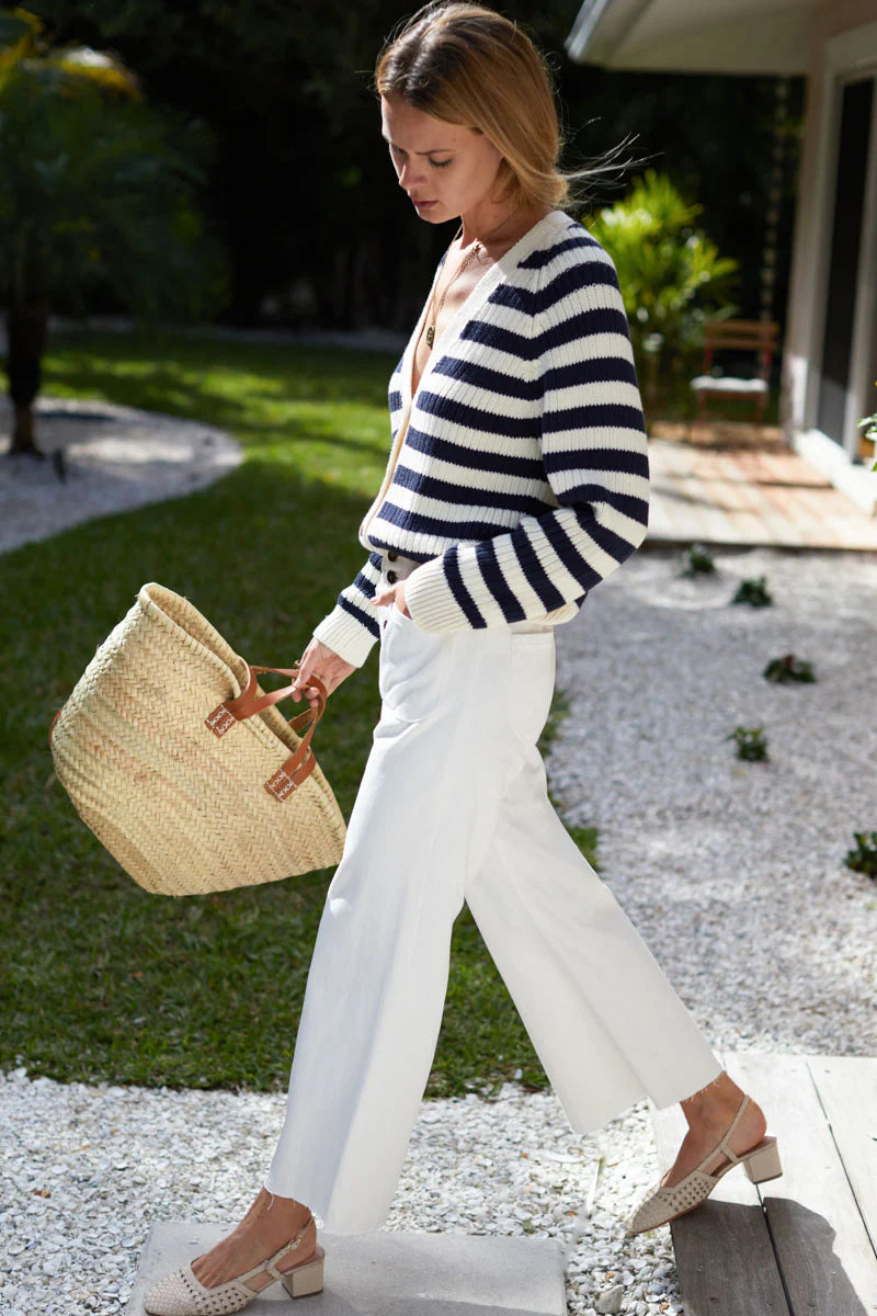 Low V Neck Cardigan in Navy French Stripe Organic