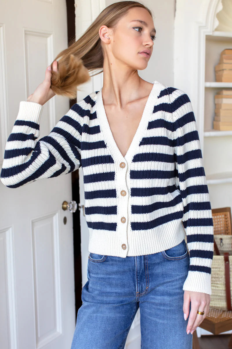 Low V Neck Cardigan in Navy French Stripe Organic