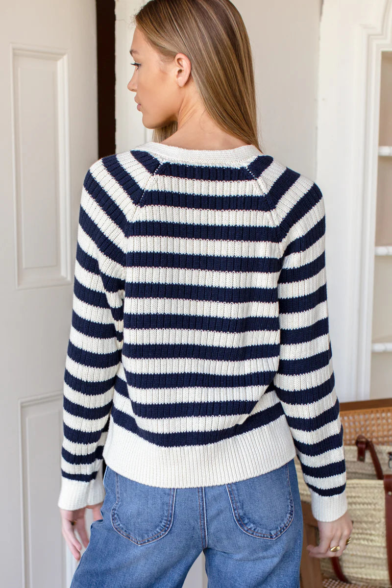 Low V Neck Cardigan in Navy French Stripe Organic