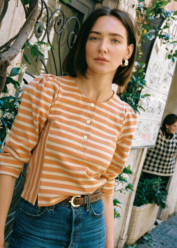 Nation LTD Janney Henley Top in Caramel Prato Stripe