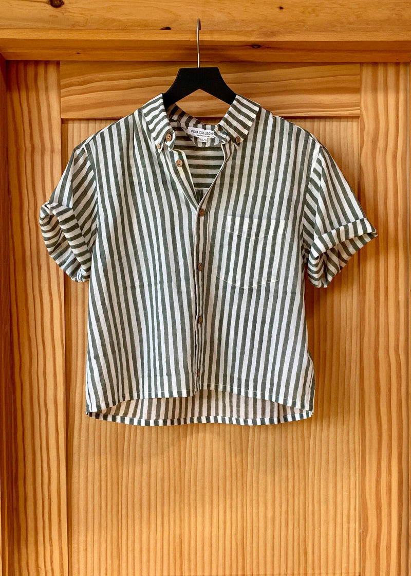 Emerson Fry Boxy Button Down Shirt - Moss stripe Organic