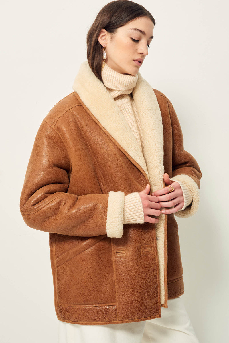 Sessun Montagna Leather Coat in Cognac